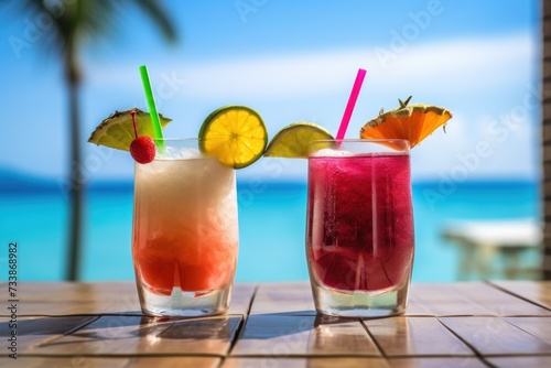 Colorful different freshness cocktails with ice cube near swimming pool on background of ocean on sunny day for two. Tropical vacation.