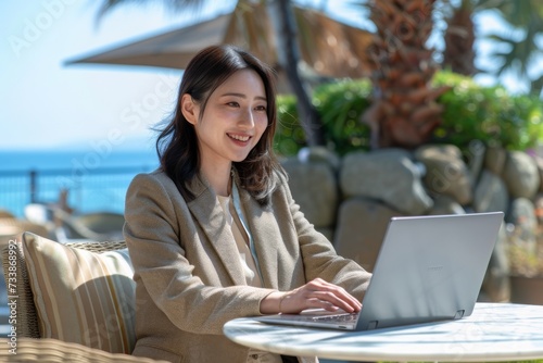 海の近くでパソコン作業をする日本人女性のリモートワーカー（フリーランス・ノマド・テレワーク）