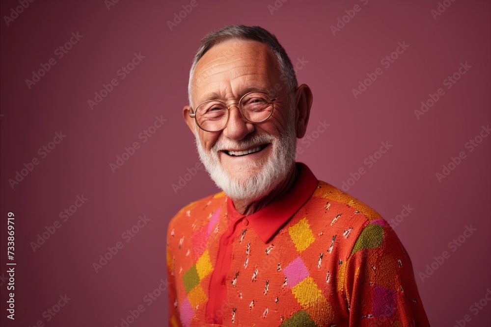 Portrait of a smiling senior man in a colorful sweater and glasses. Portrait of a smiling senior man in a colorful sweater and glasses.