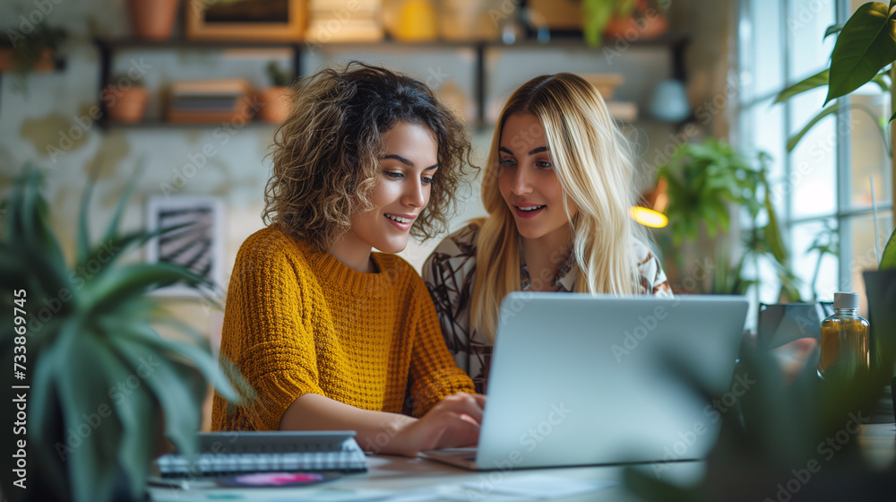 Two friends enjoying a light-hearted moment together over a laptop in the warm ambiance of a cafe. Two friends enjoying a light-hearted moment together over a laptop in the warm ambiance of a cafe.