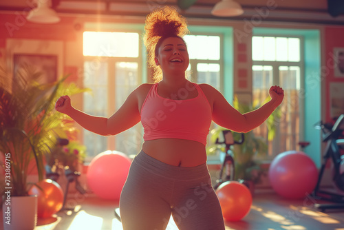A woman in a pink top dances energetically in the gym and does a full-length workout for weight loss, aerobics