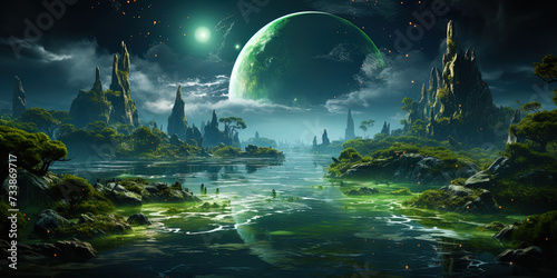 Green planet with bright green waters and nephritis oases, creating an exotic landsc