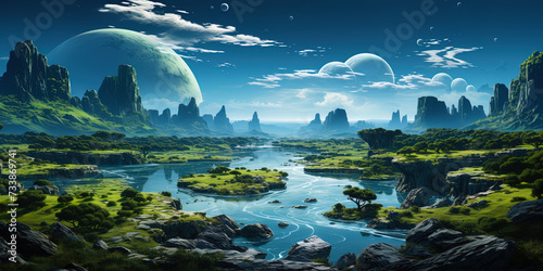Green planet with bright green waters and nephritis oases, creating an exotic landsca