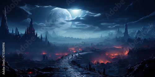 Lunar landscapes, wrapped in a mystical glow, the lights of the city in the distanc