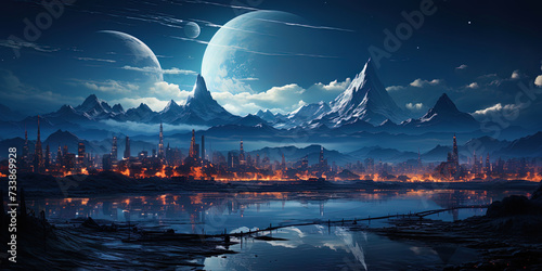 Lunar landscapes, wrapped in a mystical glow, the lights of the city in the dista
