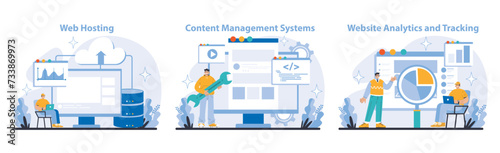 Internet Services set. Business and marketing. Robust web hosting, versatile content management, and precise website analytics. Streamlining digital presence and user engagement. Vector illustration. photo