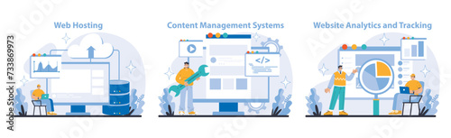 Internet Services set. Business and marketing. Robust web hosting, versatile content management, and precise website analytics. Streamlining digital presence and user engagement. Vector illustration.