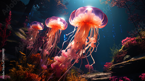 Magic underwater: Bright fish and jellyfish create an underwater ballet in the light of the drowni