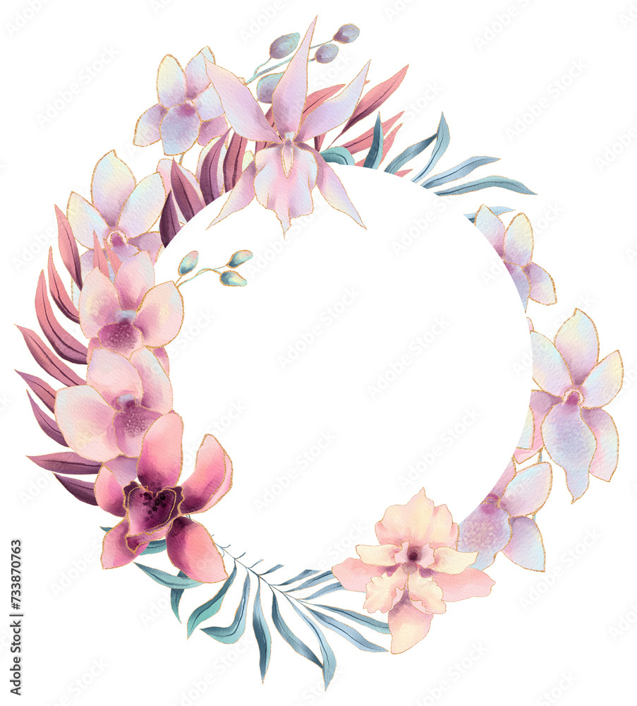 Round frame with watercolor pastel colored orchid flowers and ferns, copy space