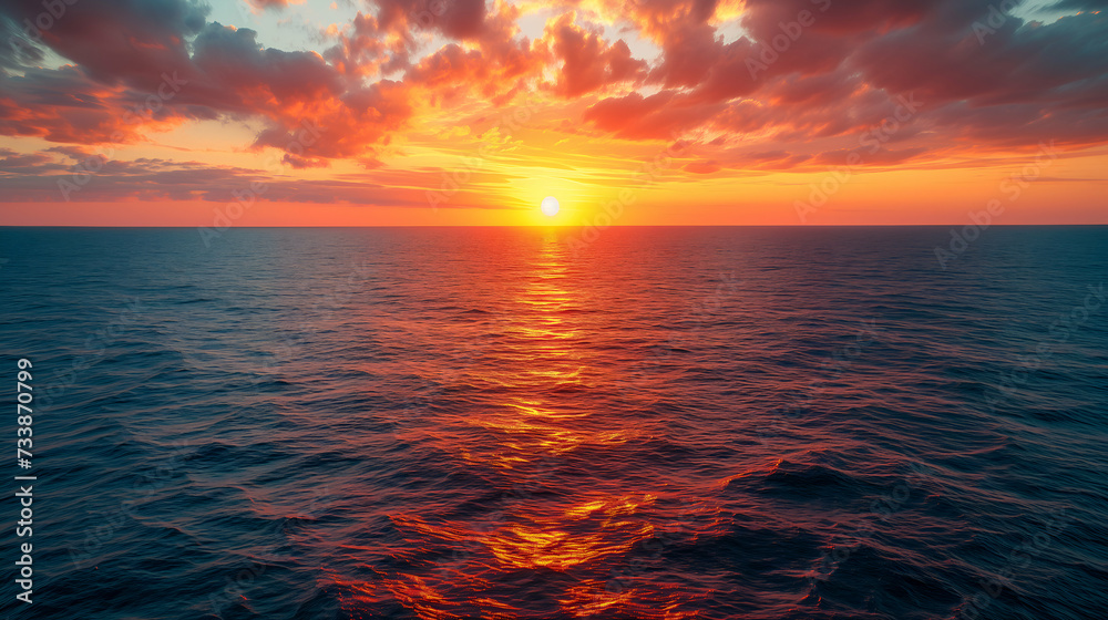 Sunset over the ocean, casting a fiery glow on clouds and water, with the horizon dividing the sea and the sky in warm colors