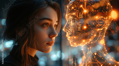 A close-up of a humanoid robot and a woman gazing into each other's eyes, symbolizing the convergence of human and artificial intelligence.