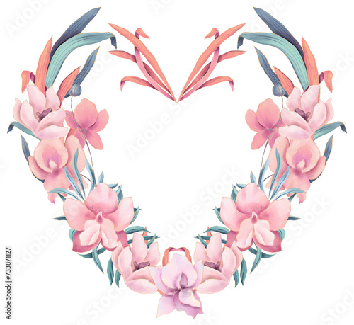 Heart shaped frame with watercolor orchid flowers in pastel colors, copyspace