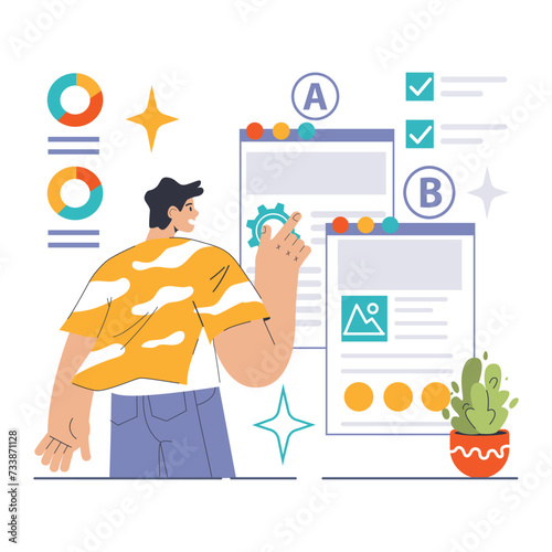 Marketer demonstrates A B Testing on dual web layouts. Comparing design elements, optimizing user experience, and boosting conversion rates. Efficient marketing strategies. Flat vector illustration