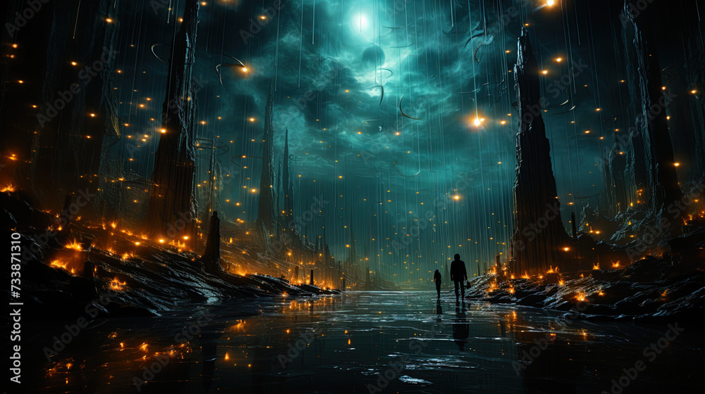 Fototapeta premium Star rain that forms cascades of light in the void of cosmic darkn