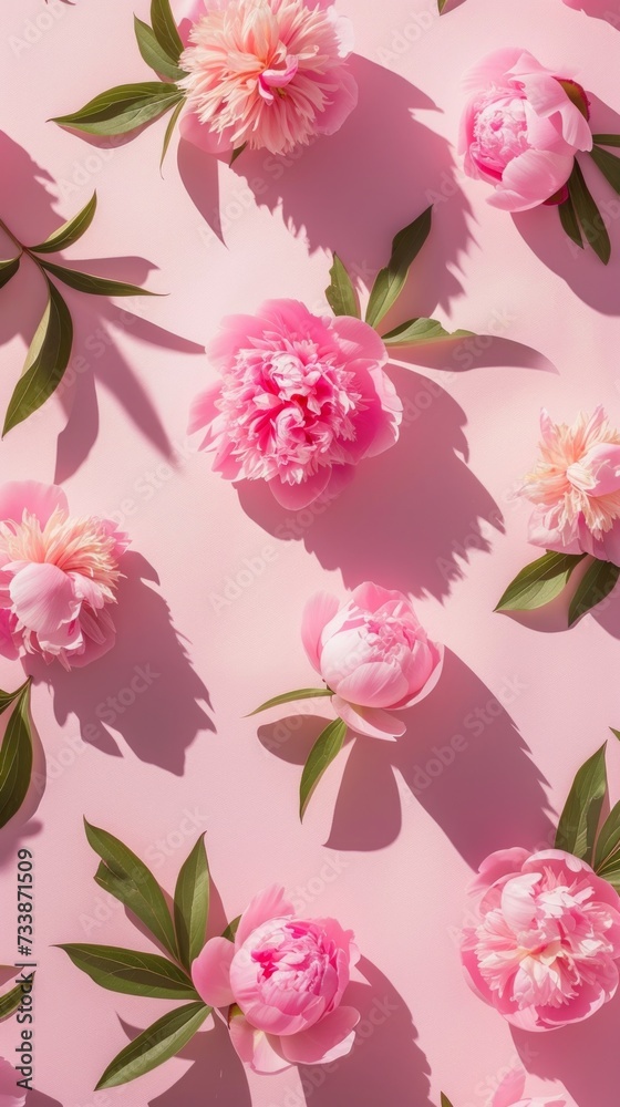 Vivid pink peonies with lush green leaves scattered on a bright pink surface, casting soft shadows in sunlight