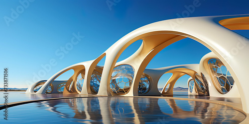 The arch of the golden bridge in contrast with the blue sky, creating a feeling of weightlessness photo