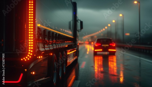 Illuminated Truck Driving on a Rain-Soaked Highway at Night