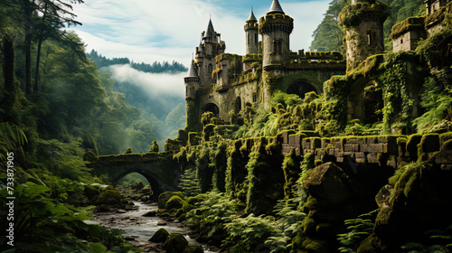 The castle on the mountain, where green crowns of trees play the role of natural walls, creates a photo