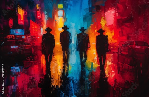 Silhouetted Cowboys in Neon-Lit Street
