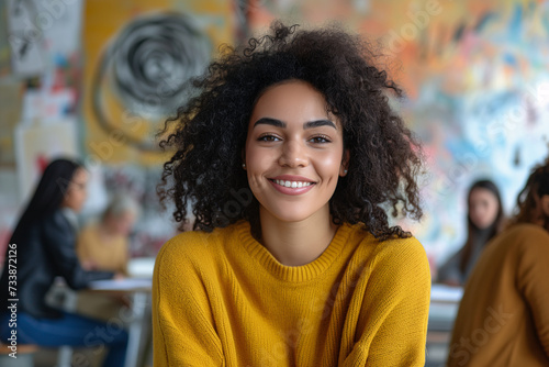 Smiling Curly-Haired Woman in Yellow Sweater © Old Man Stocker