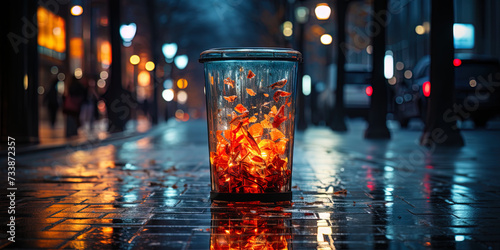 The garbage container with neon backlight, which is released on the street at night, acquires the photo