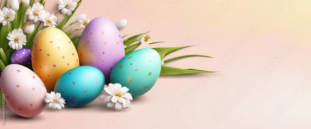Easter banner with beautiful painted eggs set on flowers. Concept of Easter egg hunt or egg decorating art