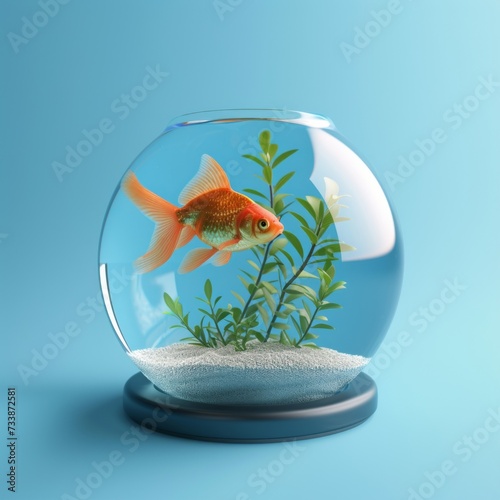 A solitary goldfish and green plants in a spherical glass bowl against a serene blue backdrop