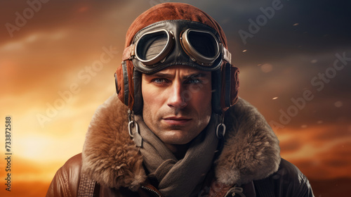 Retro pilot. Portrait of Aviator on a blurred background photo