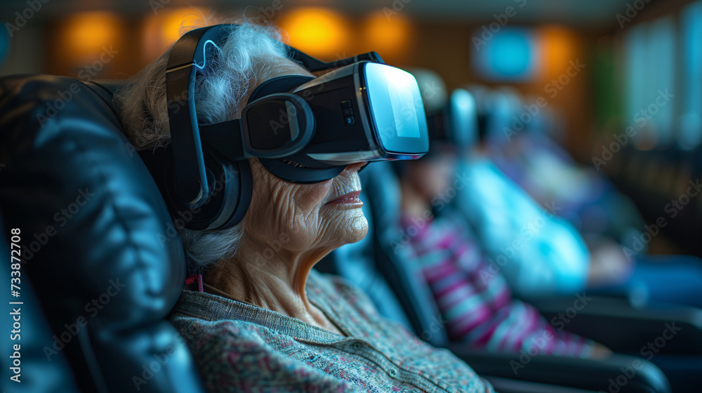 An elderly lady is deeply engaged in a virtual reality session, sitting comfortably in a public waiting area. An elderly lady is deeply engaged in a virtual reality session, sitting comfortably in a public waiting area.