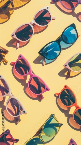 Waves of stylish sunglasses with various frame designs on a striking yellow background