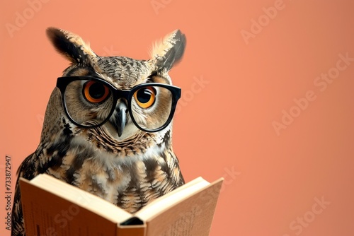 Wallpaper Mural An owl, symbol of wisdom, amusingly wearing glasses and engrossed in reading a book Torontodigital.ca