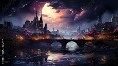 The mysterious bridge in the night city, captured by watercolors, where lights of lanterns are ref