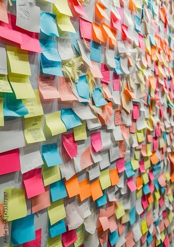 Wall covered in a dense array of colorful sticky notes with text