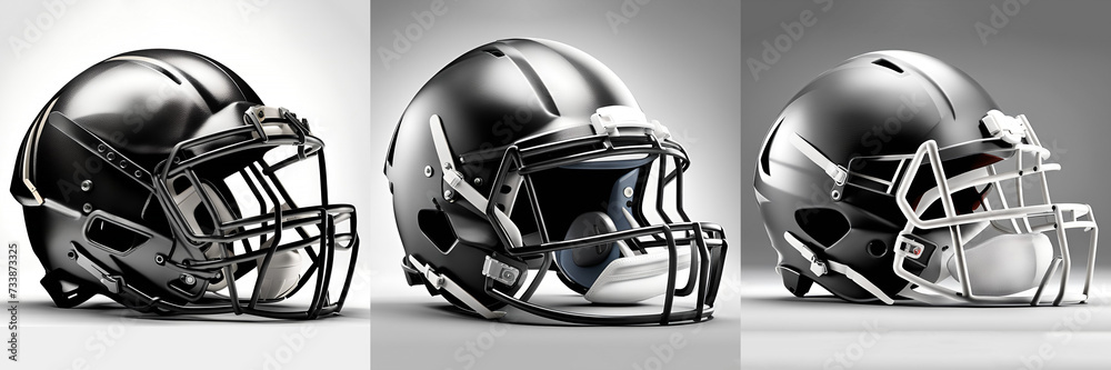 Fototapeta premium Black and white helmets by various sports equipment ,American footballs, hockey gear