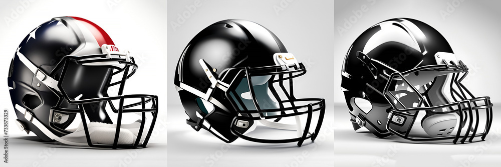 Fototapeta premium Black and white helmets by various sports equipment ,American footballs, hockey gear