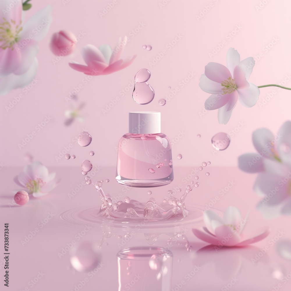 Skincare cosmetic bottle floating in the air, flowers around, water drops, pink color background, minimalism, copy space, Skincare cosmetic bottle floating in the air, flowers around, water drops, pink color background, minimalism, copy space,