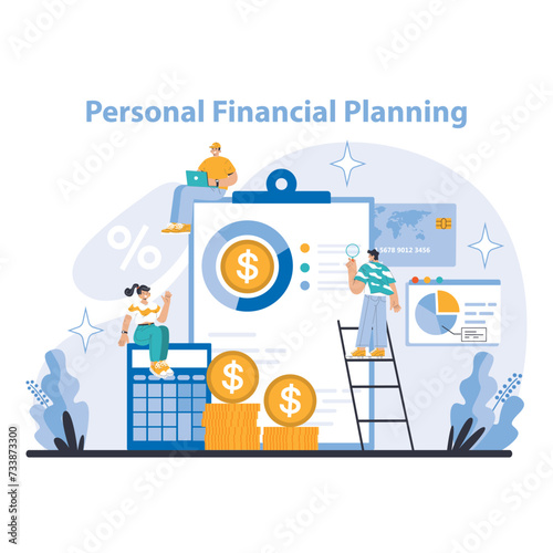 Personal Financial Planning concept. Navigating wealth management with strategic savings and investments. Customized fiscal advice for future security. Flat vector illustration.