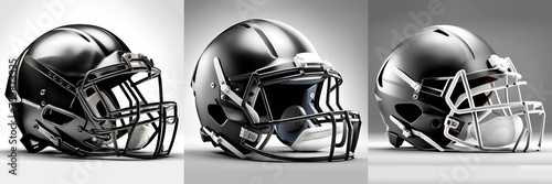 Black and white helmets by various sports equipment ,American footballs, hockey gear photo