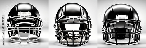 Black and white helmets by various sports equipment ,American footballs, hockey gear