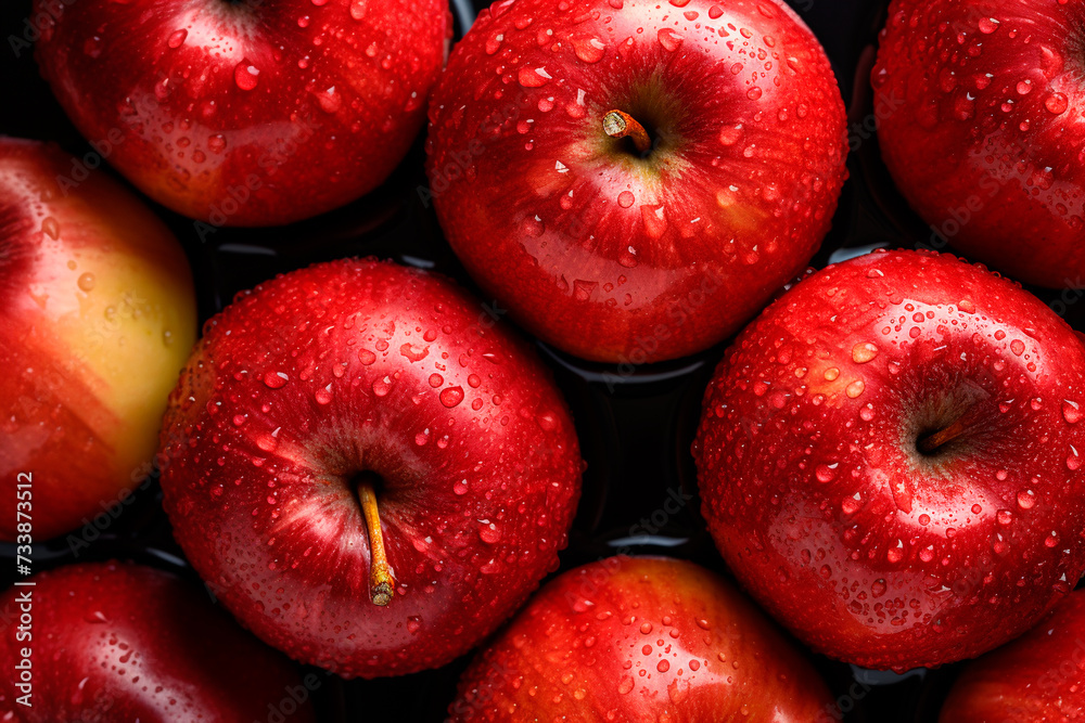 Red apples with water drops close-up, top view, background Red apples with water drops close-up, top view, background