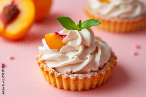 Tartlet with cream, decorated with peach slices on top. Peaches lie out of focus in the background. 
