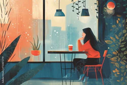 A woman in a coffee shop drinking coffee and thinking for herself