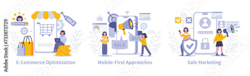 Marketing innovation set. Streamlining e-commerce platforms, prioritizing mobile accessibility, ensuring marketing security. Digital marketplace enhancements, user-centric design, privacy protection.