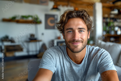 Smiling Selfie, Young Male Capturing Joy in Living Space