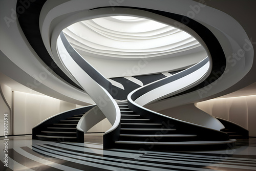 3d render of interior of modern office building with black and white stairs