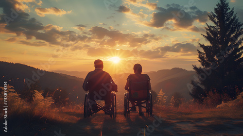A pair of guys in wheelchairs looking at the sunset in the mountains photo