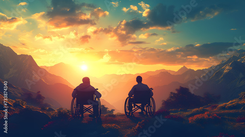 A pair of guys in wheelchairs looking at the sunset in the mountains