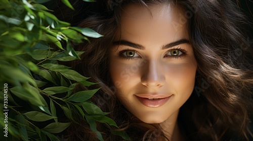 Beautiful woman with blue eyes hiding behind green leafy plant with water drops on her face.