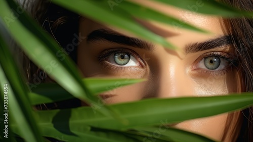 Beautiful woman with blue eyes hiding behind green leafy plant with water drops on her face.