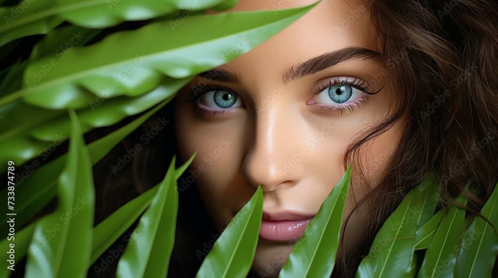 Beautiful woman with blue eyes hiding behind green leafy plant with water drops on her face. Beautiful woman with blue eyes hiding behind green leafy plant with water drops on her face.